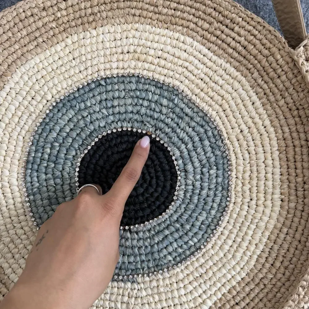 Skemo Round Straw Shoulder Bag Large Beige Evil Eye Rhinestone Boho Beach
